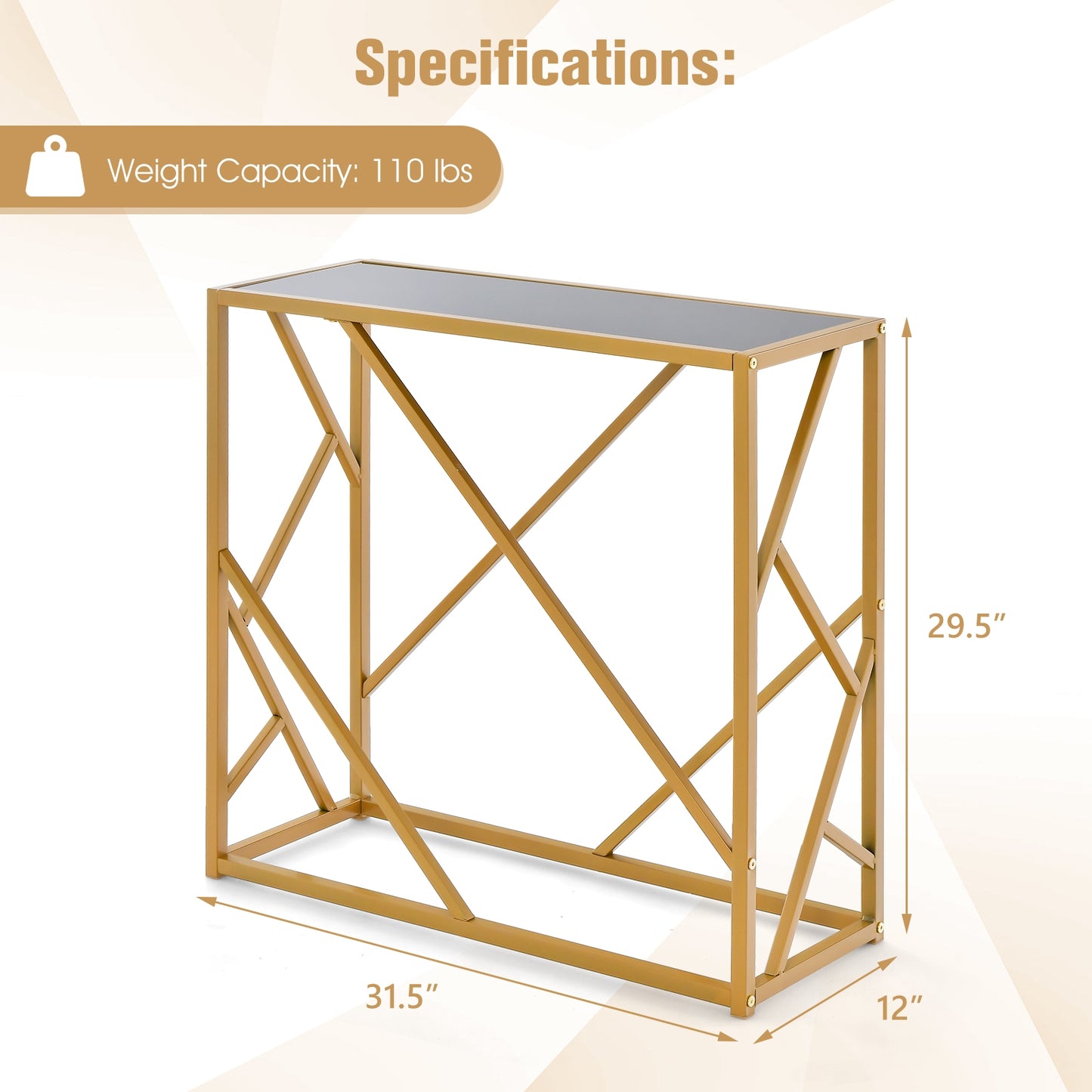 31.5 Inch Golden Heavy-duty Metal Frame Entryway Table with Foot Pads-Black Kids Crystal
