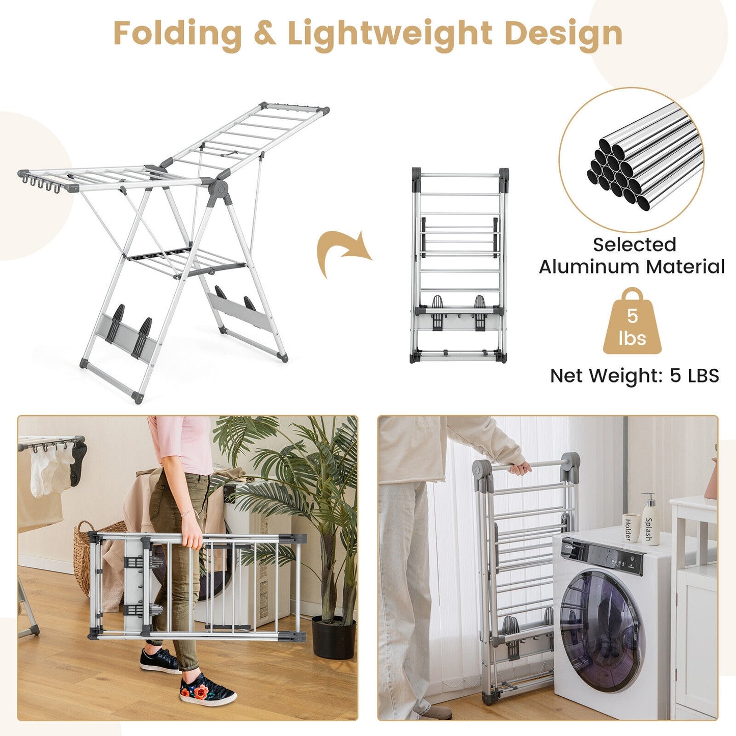 2-Layer Folding Clothes Drying Rack with 5-Level Adjustable Height Kids Crystal
