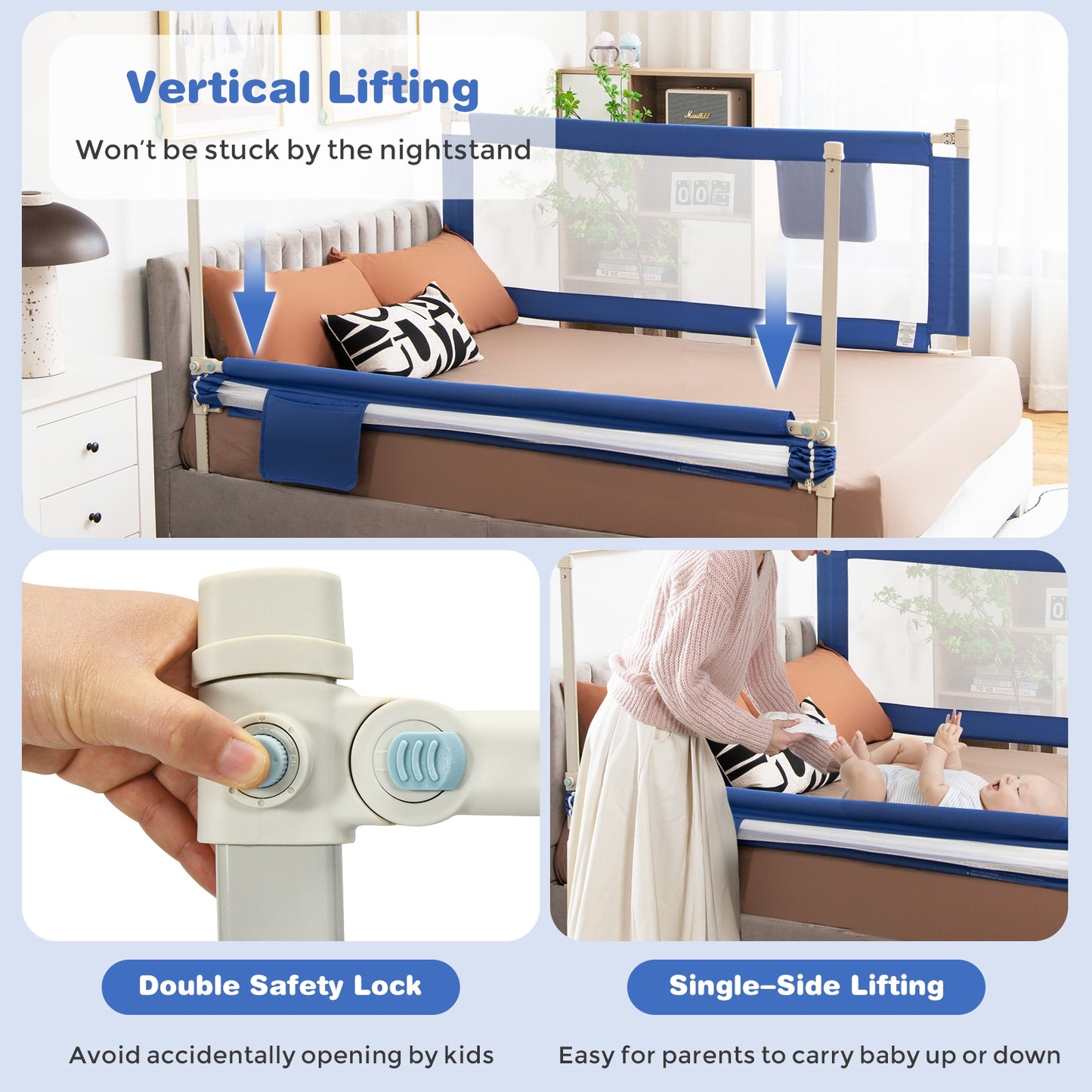 57 Inch Toddlers Vertical Lifting Baby Bed Rail Guard with Lock-Blue Kids Crystal