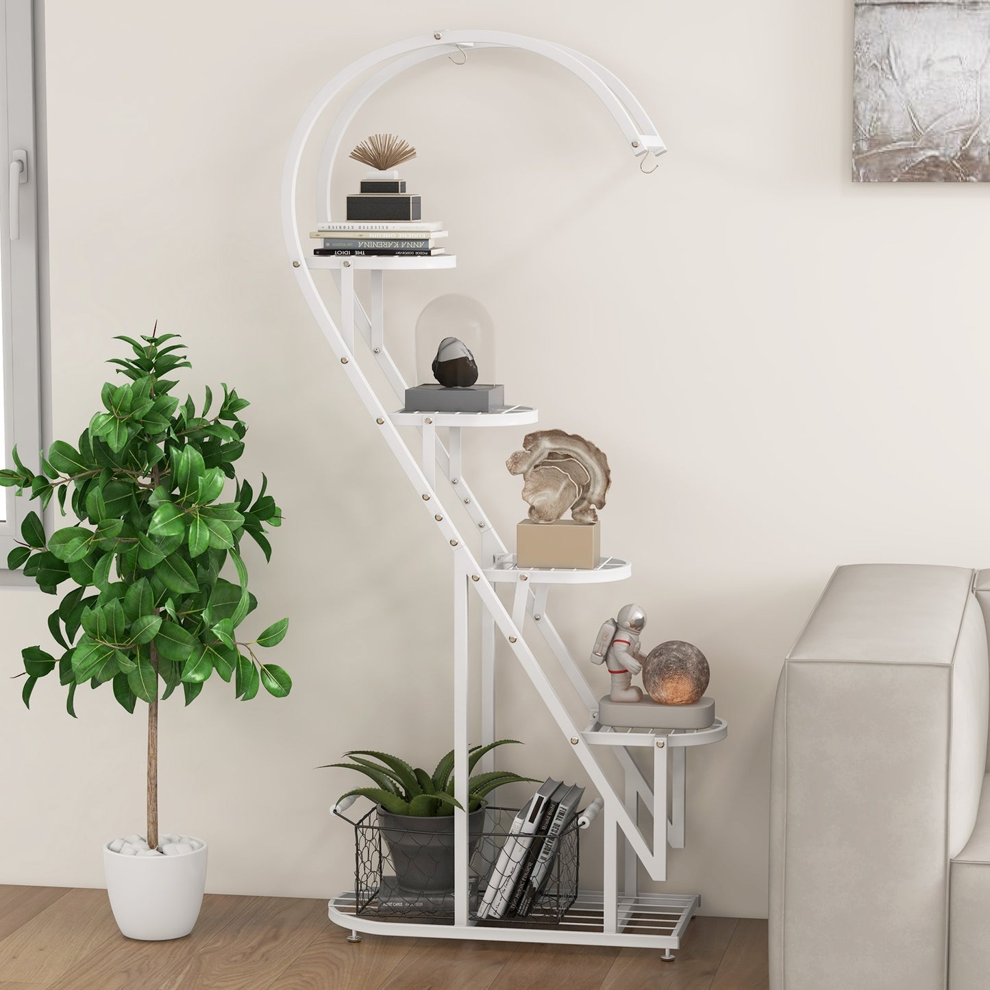 5 Tier Metal Plant Stand with Hanging Hook for Multiple Plants-White Kids Crystal