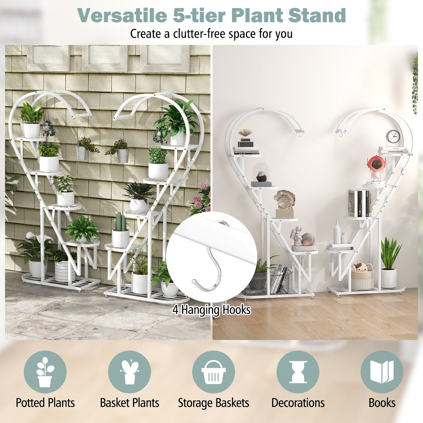 5 Tier Metal Plant Stand with Hanging Hook for Multiple Plants-White Kids Crystal