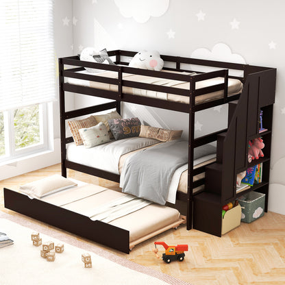 Home Wood Bunk Bed with Guard Rail and 4-step Storage Stairs No Box Spring Needed-Brown