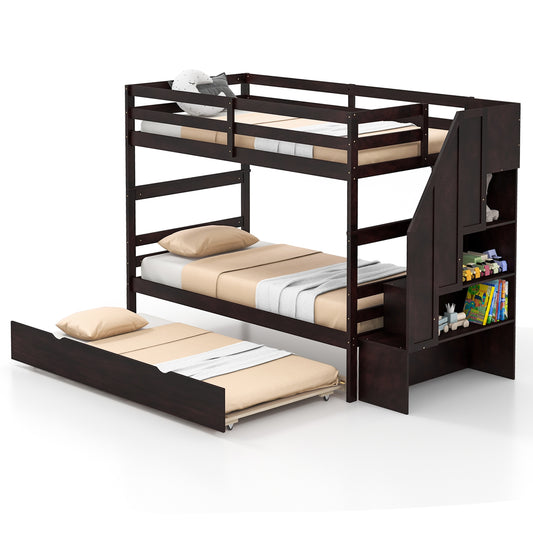 Home Wood Bunk Bed with Guard Rail and 4-step Storage Stairs No Box Spring Needed-Brown Kids Crystal