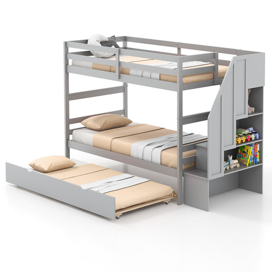 Home Wood Bunk Bed with Guard Rail and 4-step Storage Stairs No Box Spring Needed-Gray Kids Crystal