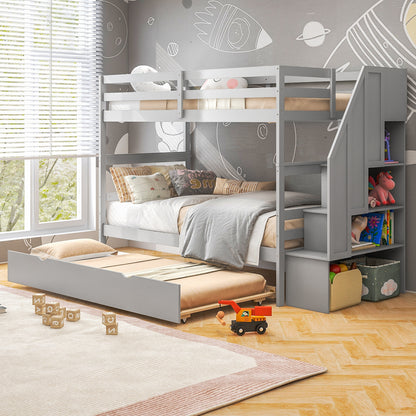 Home Wood Bunk Bed with Guard Rail and 4-step Storage Stairs No Box Spring Needed-Gray