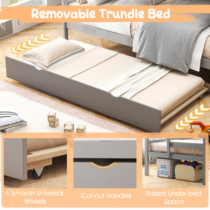 Home Wood Bunk Bed with Guard Rail and 4-step Storage Stairs No Box Spring Needed-Gray