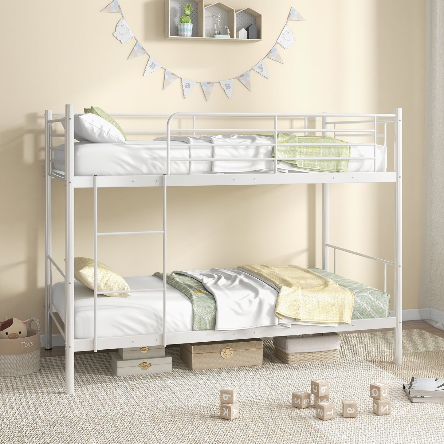 Metal Bunk Bed with Ladder and Full-length Guardrails-White Kids Crystal