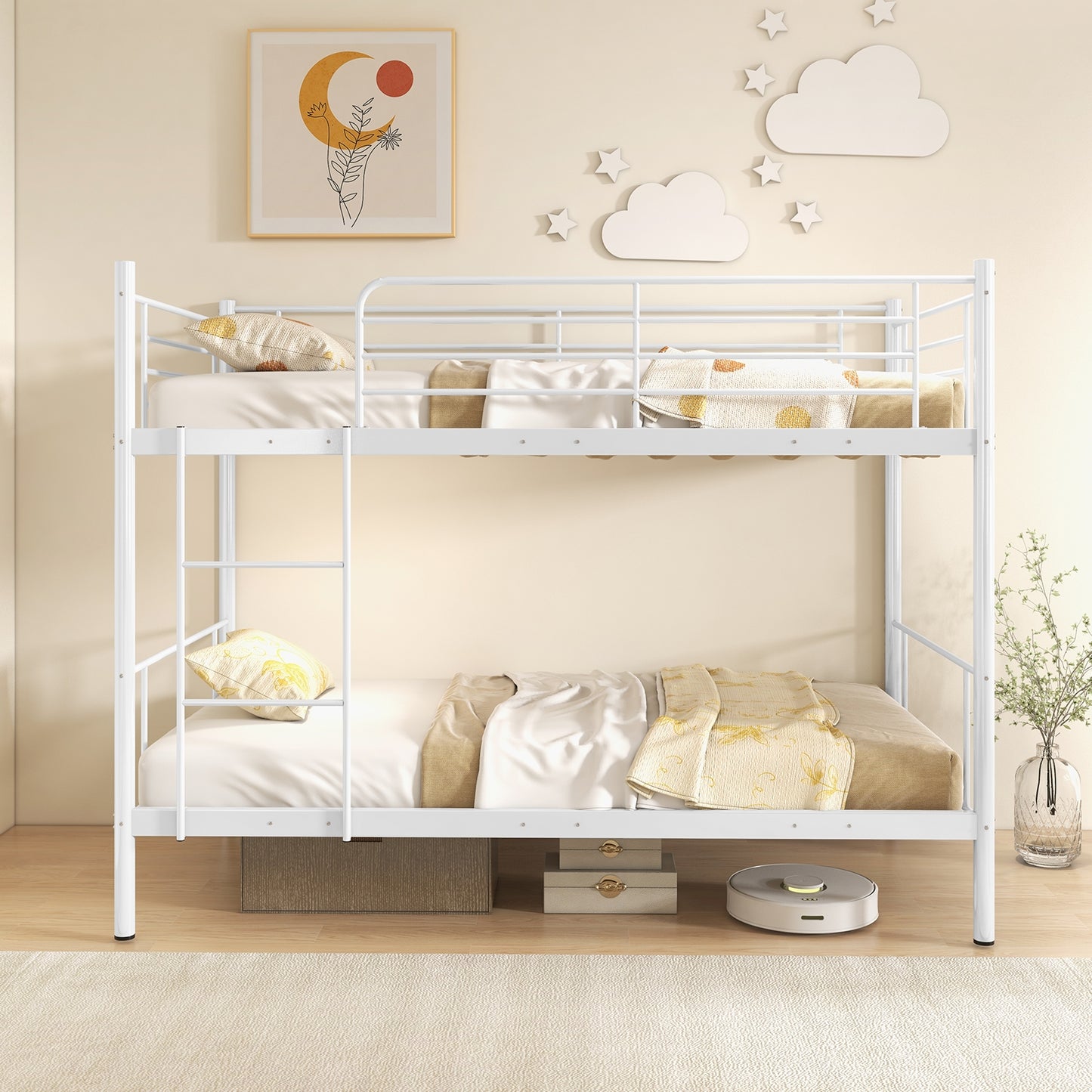 Metal Bunk Bed with Ladder and Full-length Guardrails-White Kids Crystal