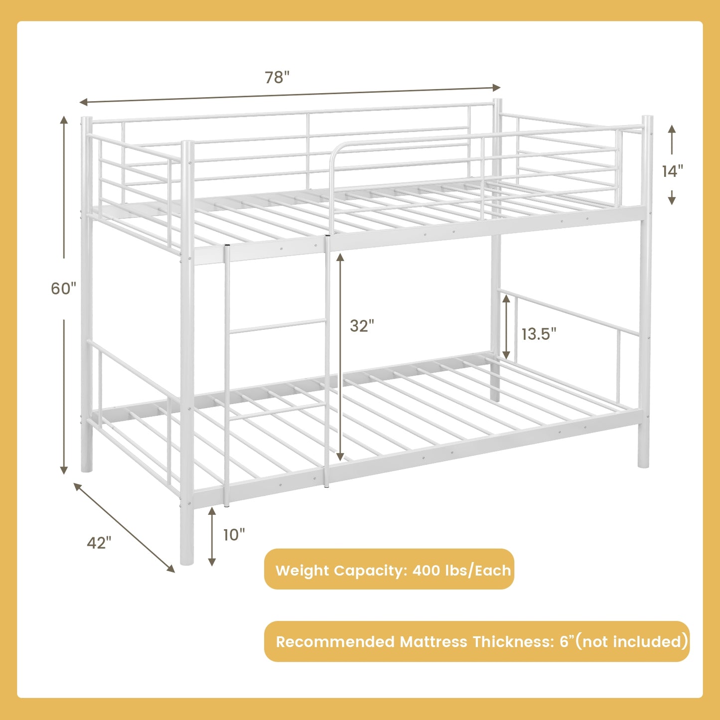 Metal Bunk Bed with Ladder and Full-length Guardrails-White Kids Crystal