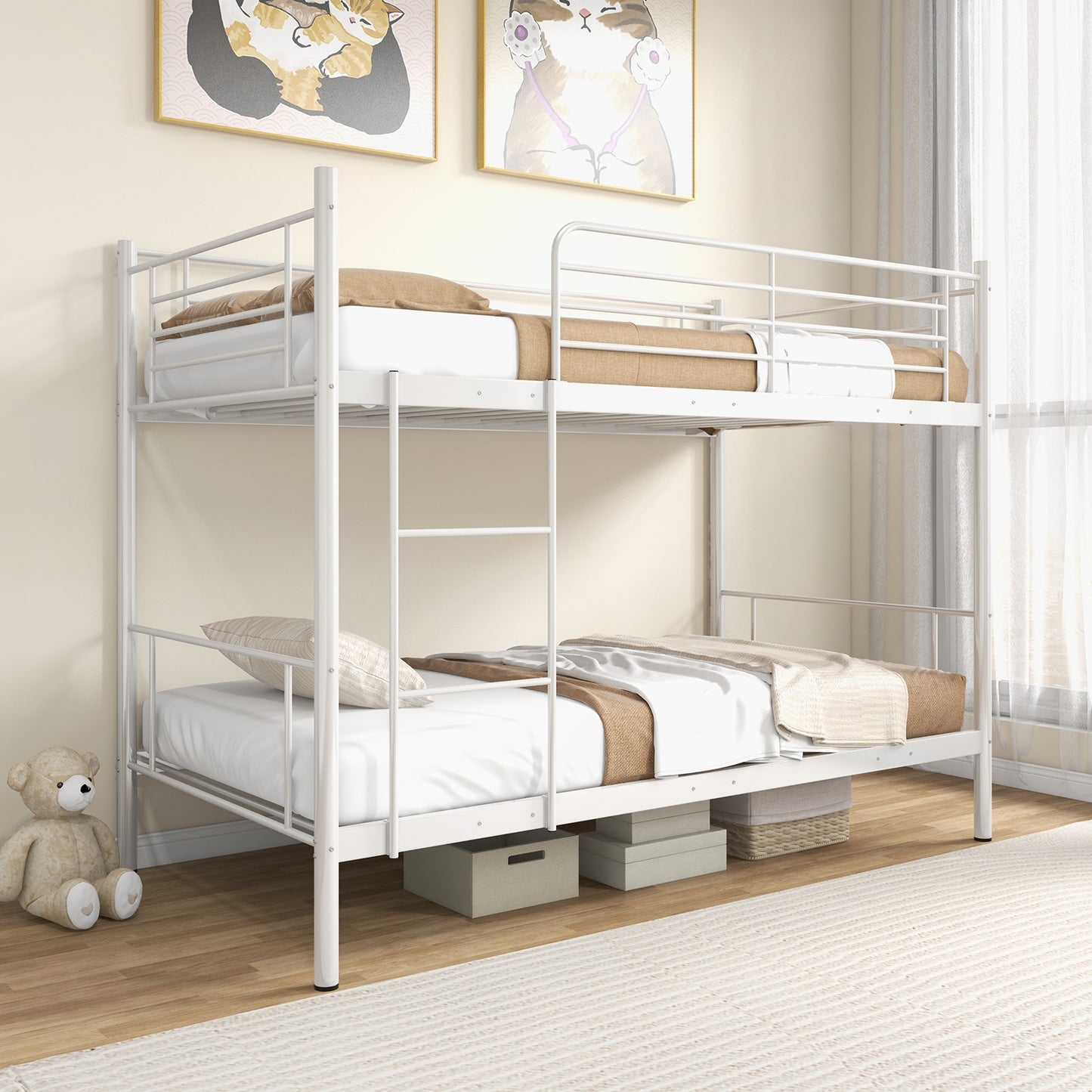 Metal Bunk Bed with Ladder and Full-length Guardrails-White Kids Crystal