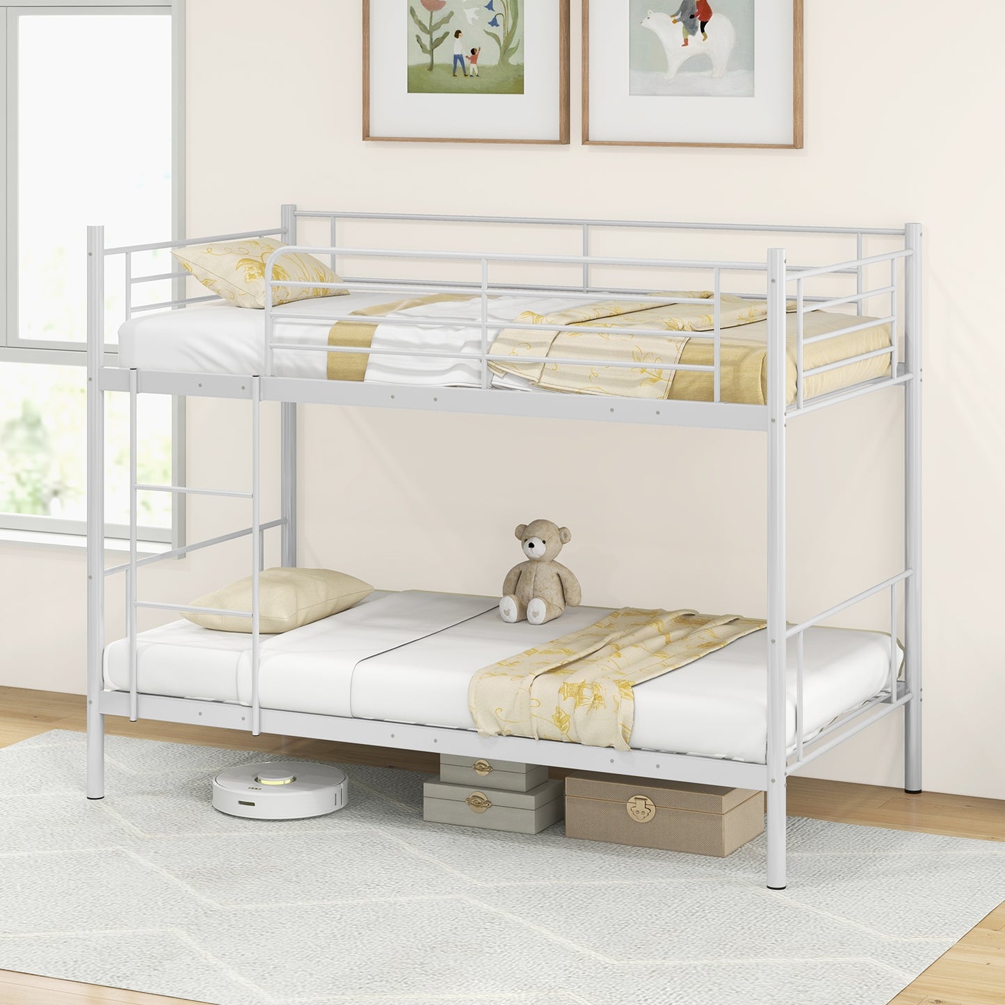 Metal Bunk Bed with Ladder and Full-length Guardrails-White Kids Crystal