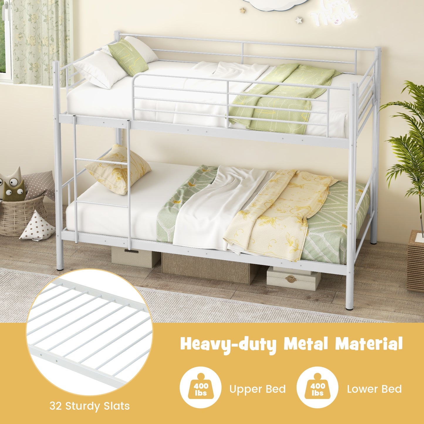 Metal Bunk Bed with Ladder and Full-length Guardrails-White Kids Crystal