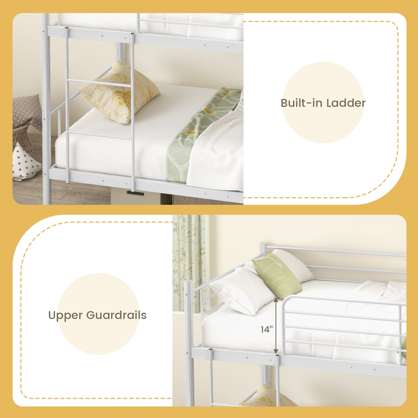 Metal Bunk Bed with Ladder and Full-length Guardrails-White Kids Crystal