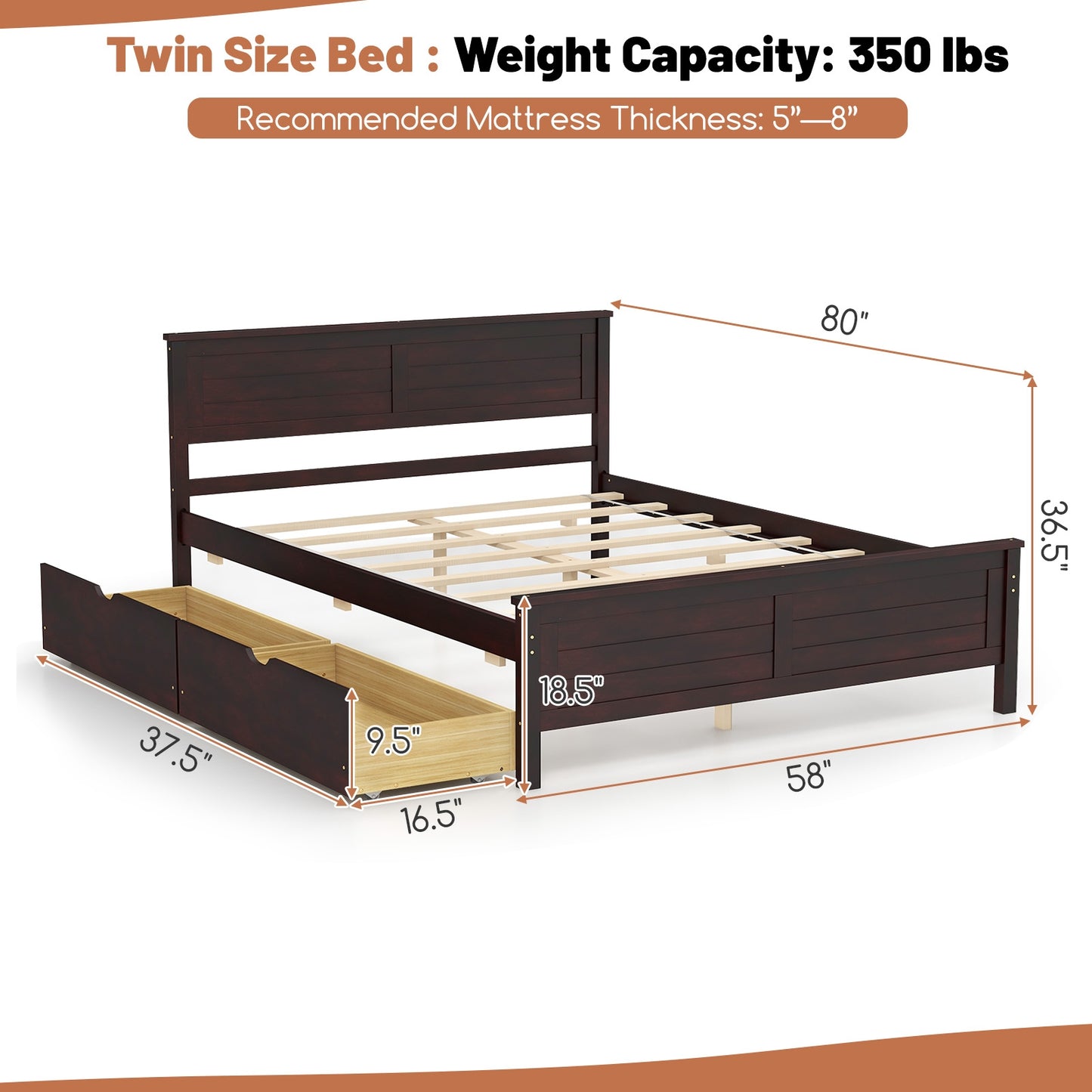 Full Size Bed Frame with Storage Drawers and Solid Wood Headboard-Espresso Kids Crystal