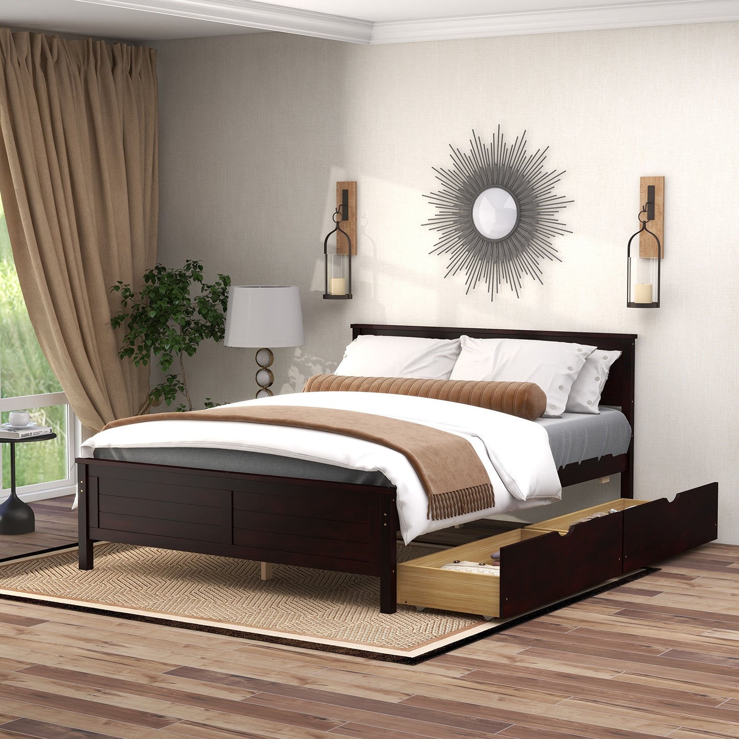 Full Size Bed Frame with Storage Drawers and Solid Wood Headboard-Espresso Kids Crystal