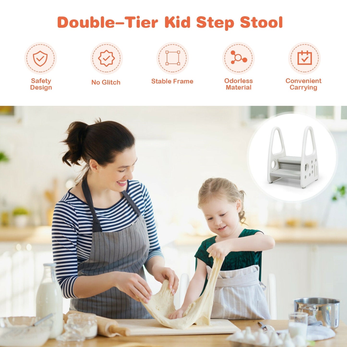Kids Step Stool Learning Helper with Armrest for Kitchen Toilet Potty Training-Gray Kids Crystal
