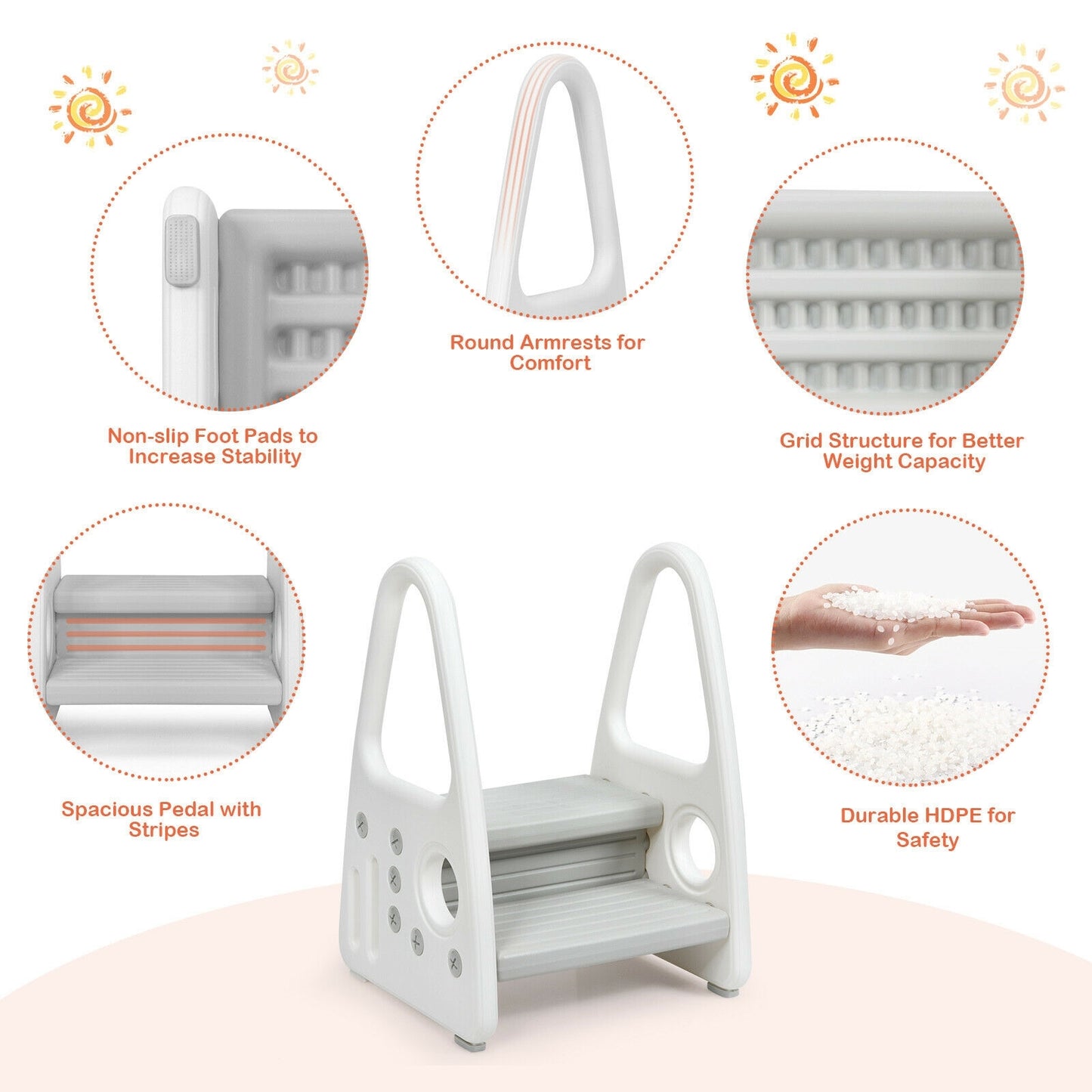 Kids Step Stool Learning Helper with Armrest for Kitchen Toilet Potty Training-Gray Kids Crystal