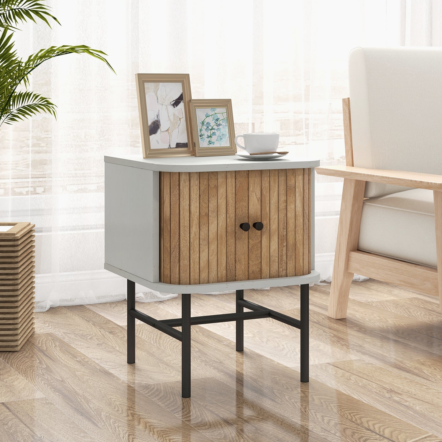 Mid-century Modern Nightstand with Sliding Doors and Storage Cabinet-White Kids Crystal