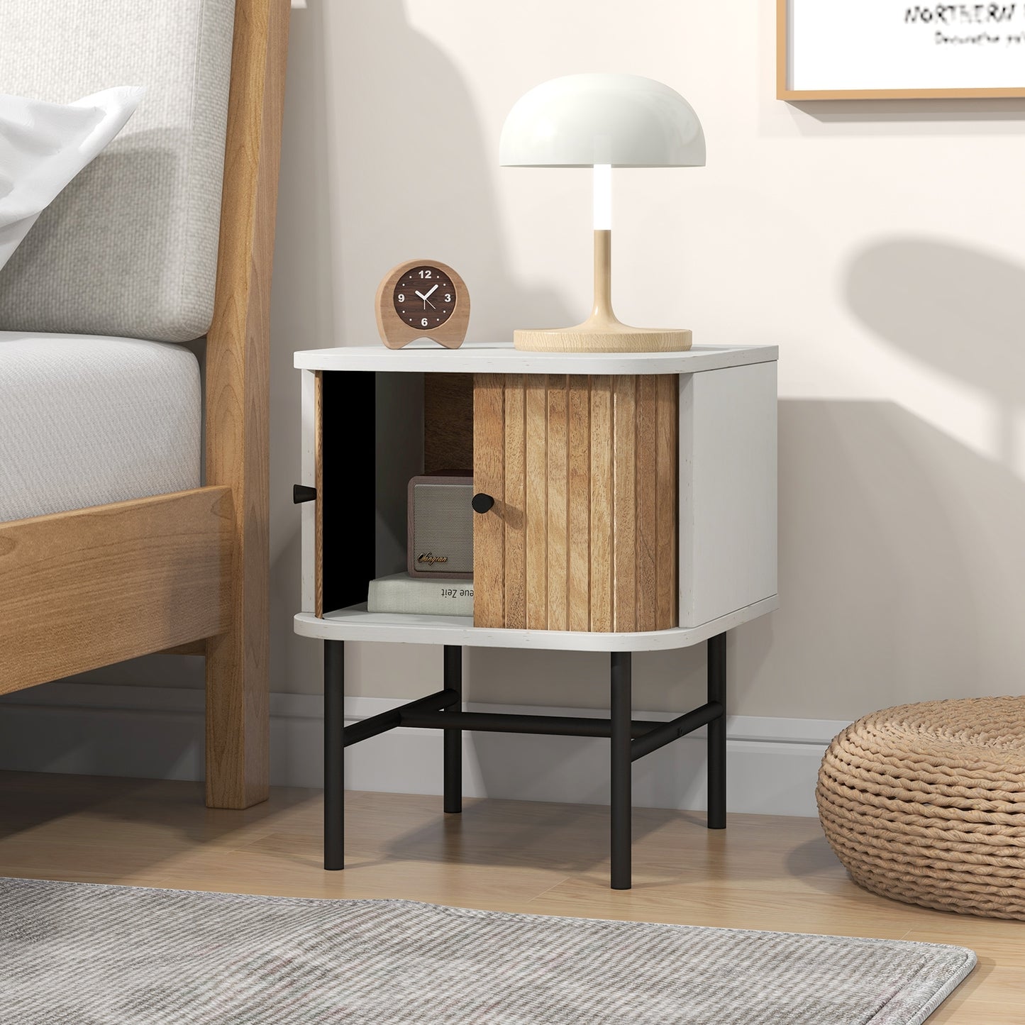 Mid-century Modern Nightstand with Sliding Doors and Storage Cabinet-White Kids Crystal