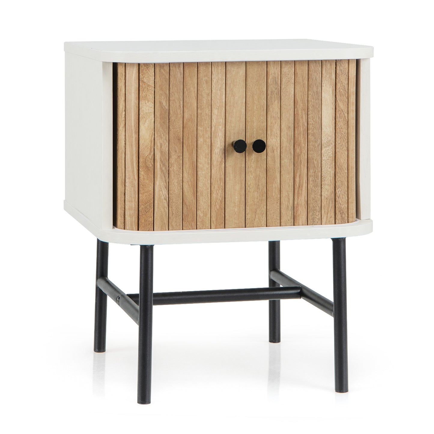 Mid-century Modern Nightstand with Sliding Doors and Storage Cabinet-White Kids Crystal