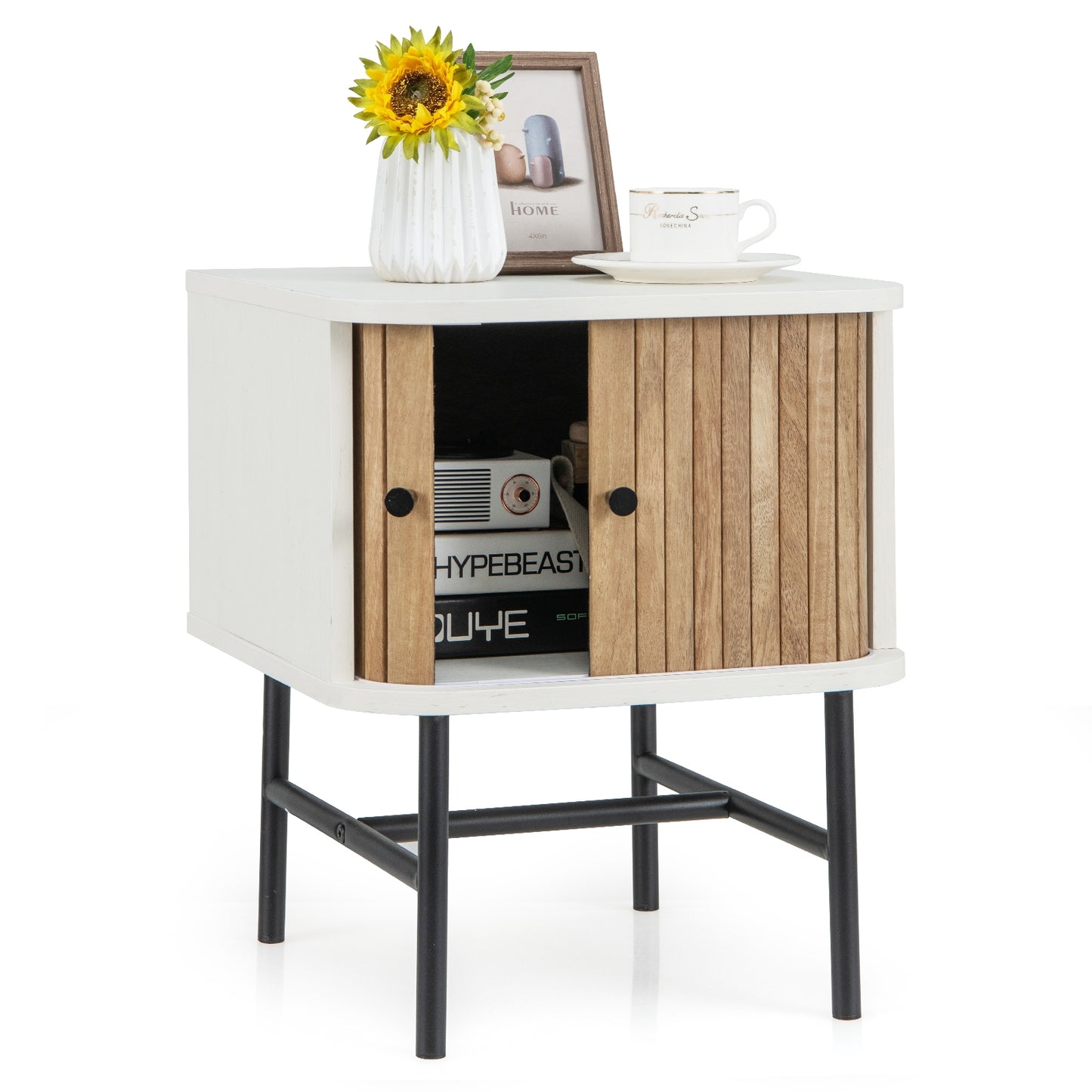 Mid-century Modern Nightstand with Sliding Doors and Storage Cabinet-White Kids Crystal