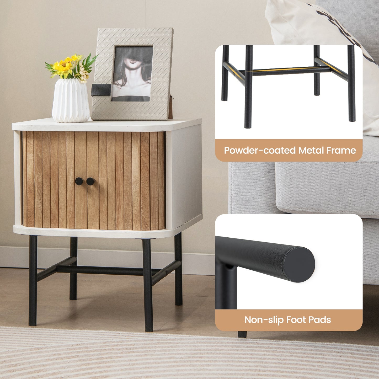 Mid-century Modern Nightstand with Sliding Doors and Storage Cabinet-White Kids Crystal