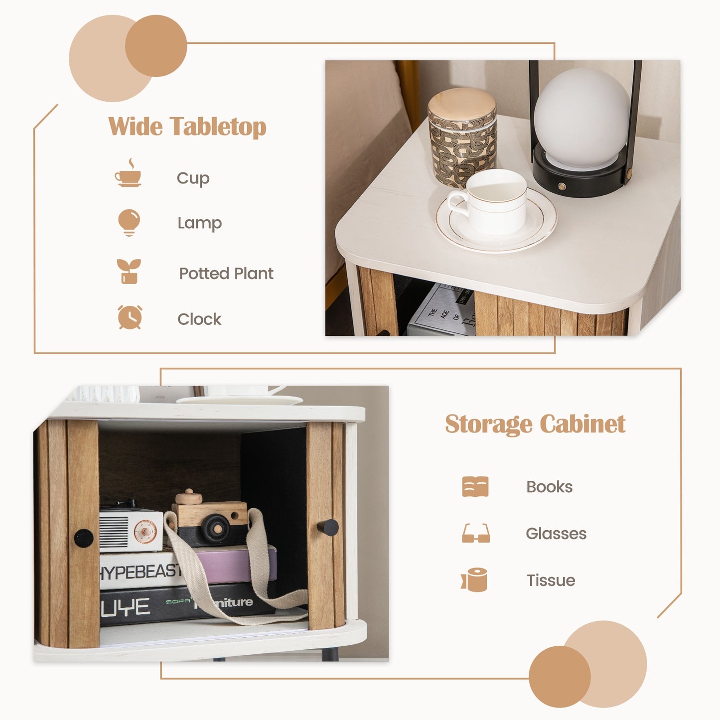 Mid-century Modern Nightstand with Sliding Doors and Storage Cabinet-White Kids Crystal