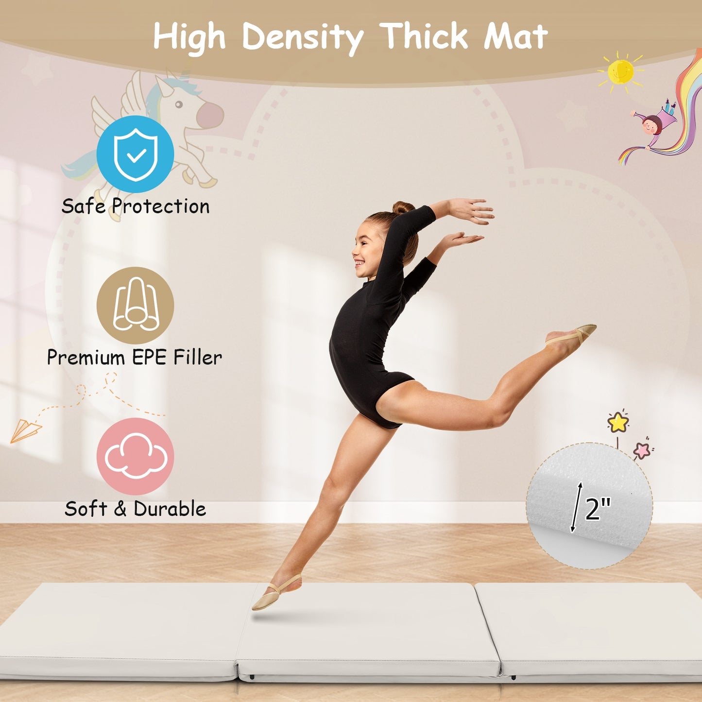 6 x 2 FT Tri-Fold Gym Mat with Handles and Removable Zippered Cover-Light Gray Kids Crystal
