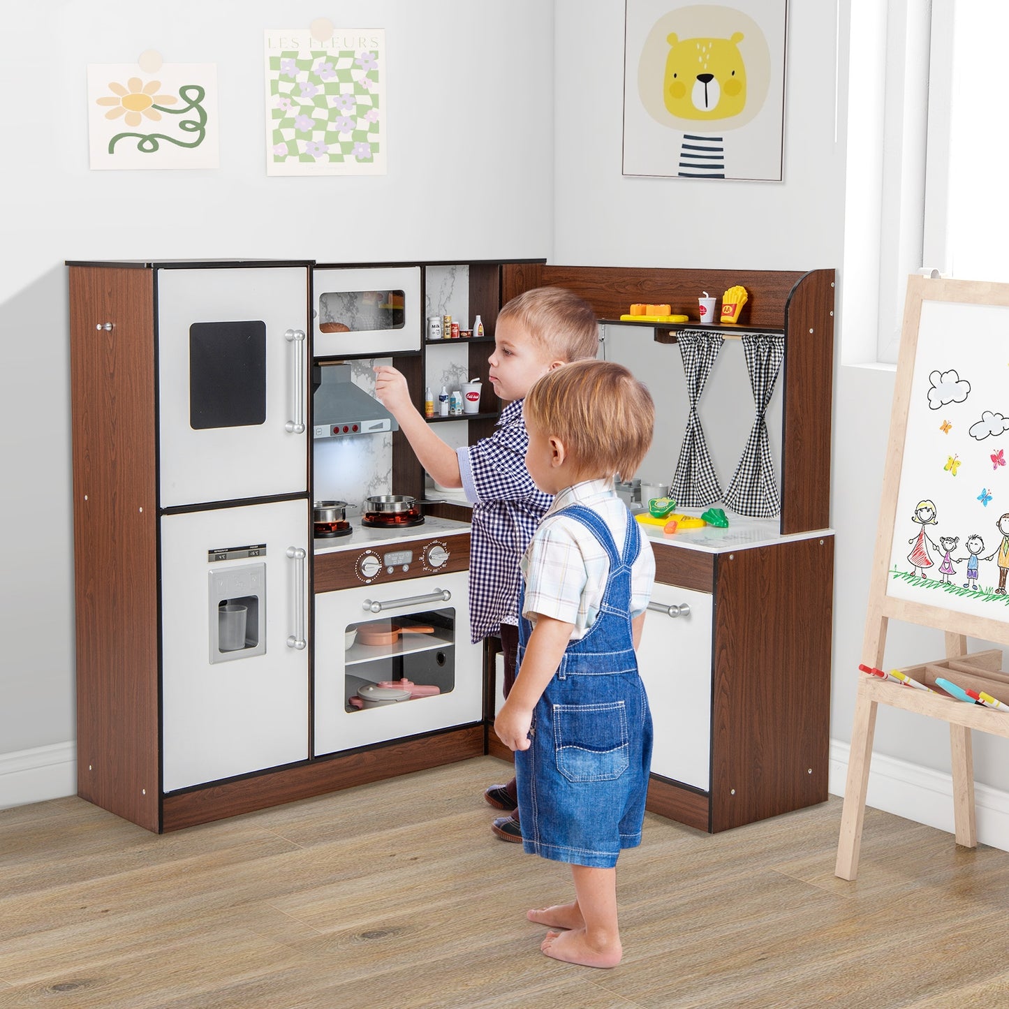 Wooden Corner Play Kitchen with Water Circulation System and Lights-Brown Kids Crystal
