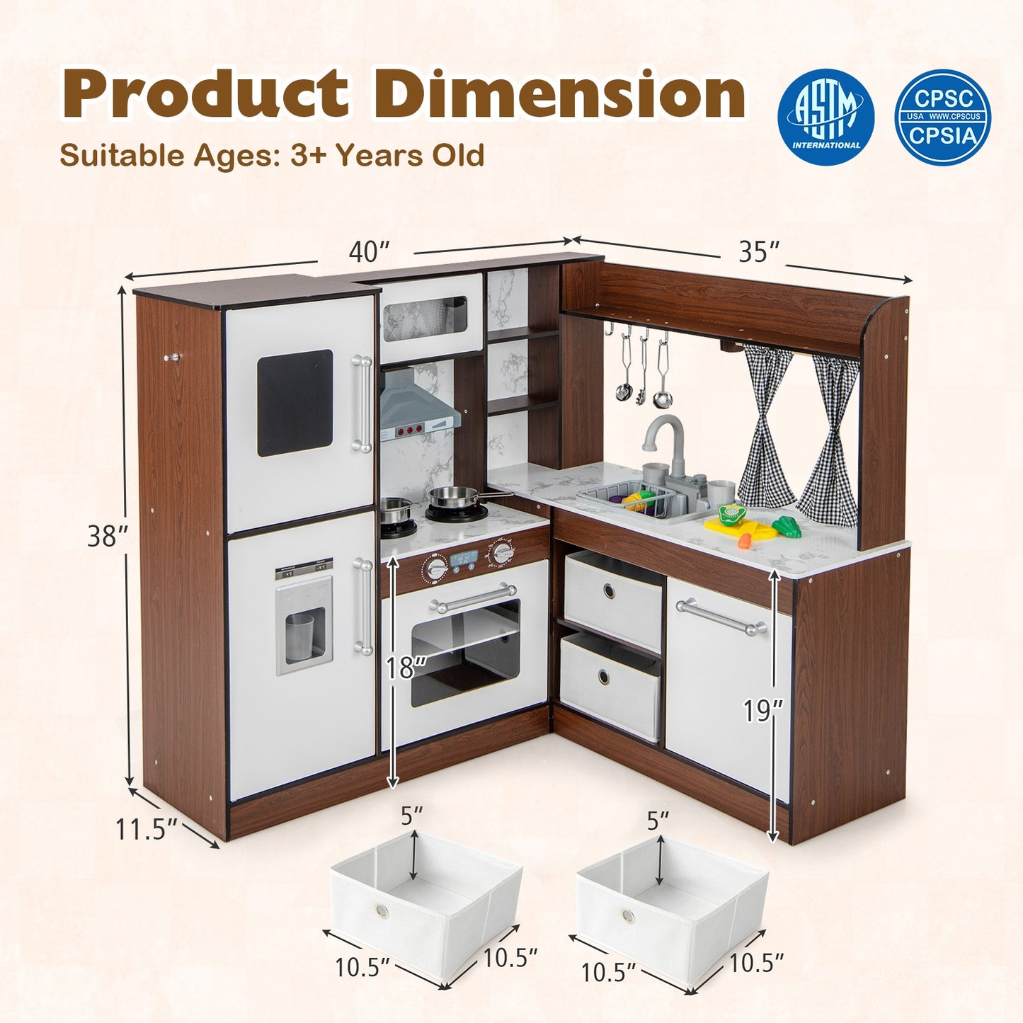 Wooden Corner Play Kitchen with Water Circulation System and Lights-Brown Kids Crystal