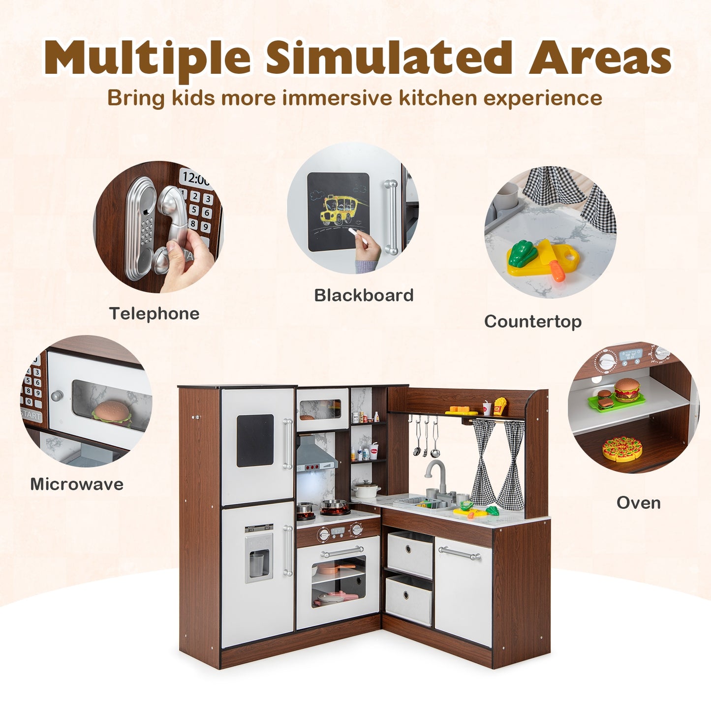 Wooden Corner Play Kitchen with Water Circulation System and Lights-Brown Kids Crystal