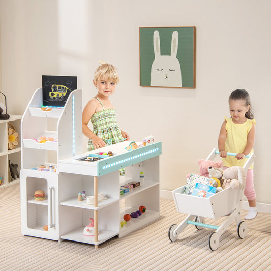 Wooden Kids Supermarket Playset with Cash Register and Shopping Cart-White Kids Crystal
