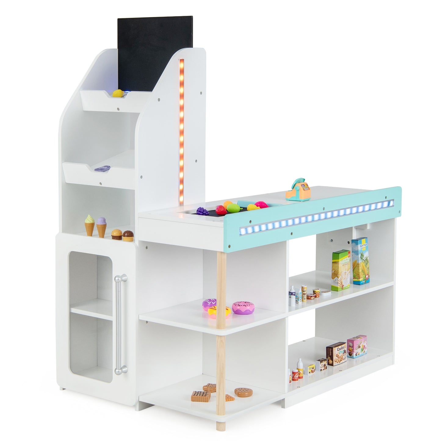 Wooden Kids Supermarket Playset with Cash Register and Shopping Cart-White Kids Crystal