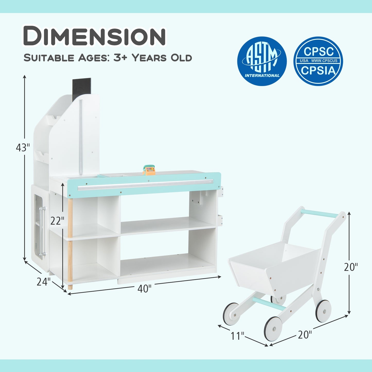Wooden Kids Supermarket Playset with Cash Register and Shopping Cart-White Kids Crystal