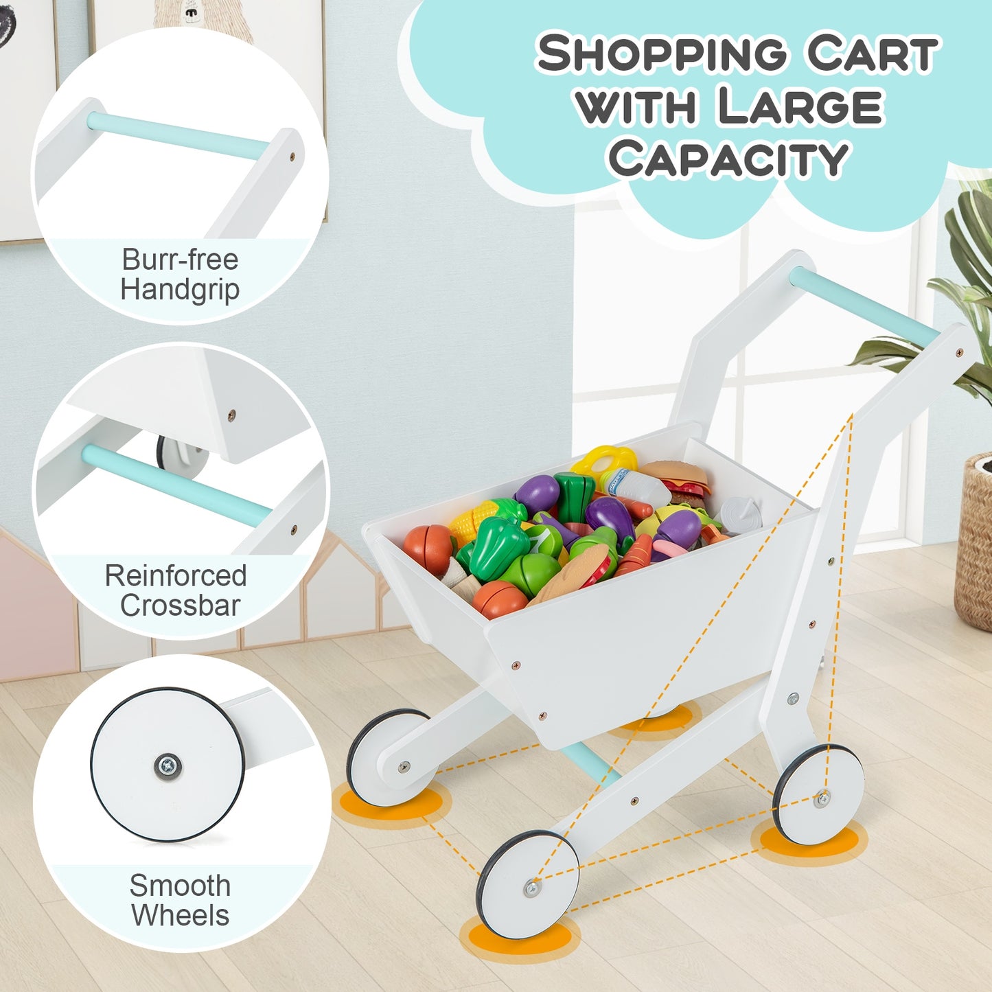 Wooden Kids Supermarket Playset with Cash Register and Shopping Cart-White Kids Crystal