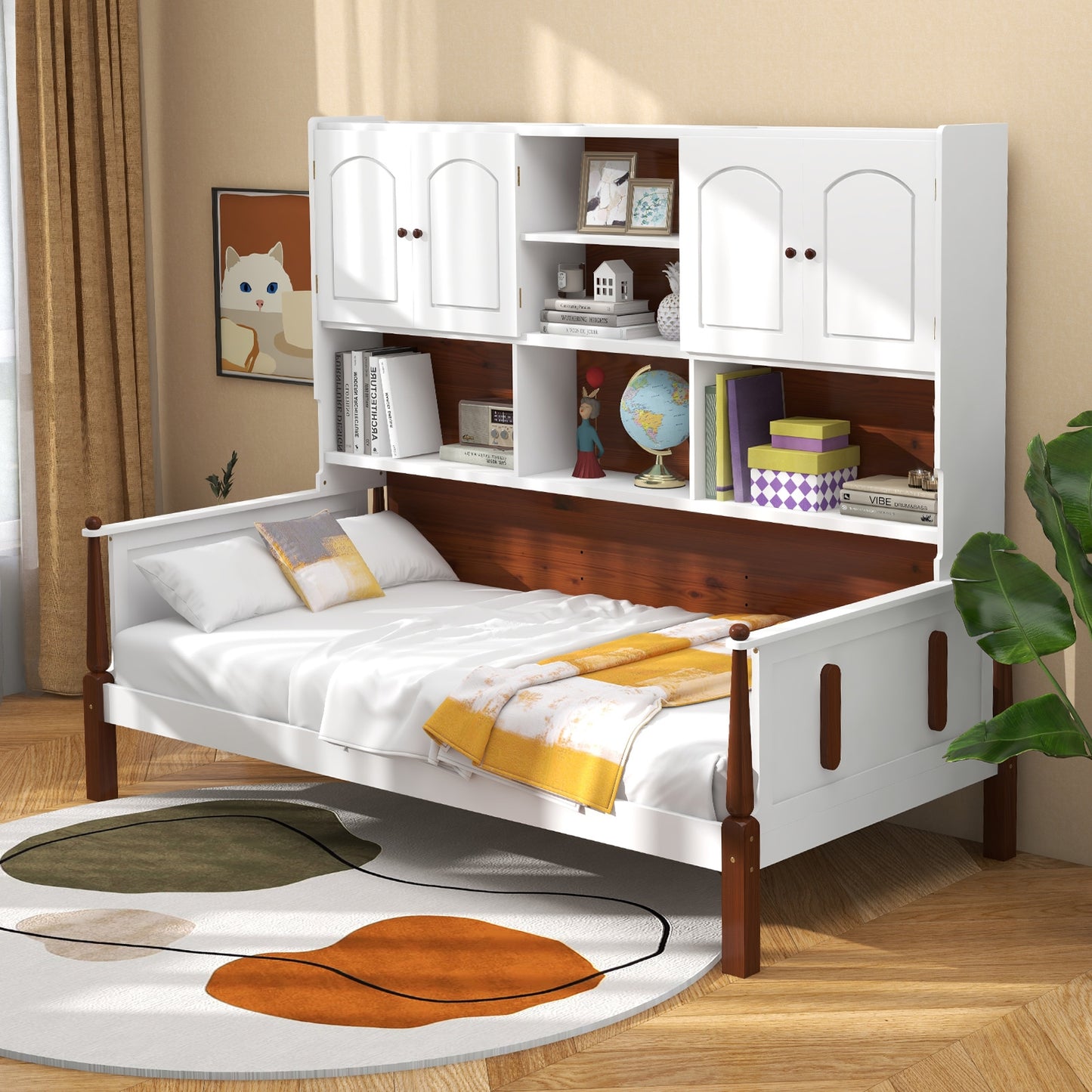 Twin Bed with Bookcase with Shelves and Wooden Slat Support No Box Spring Needed for Living Room Bedroom-White Kids Crystal
