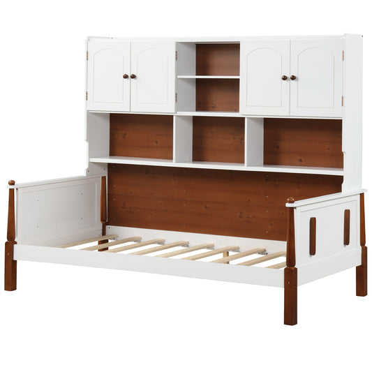 Twin Bed with Bookcase with Shelves and Wooden Slat Support No Box Spring Needed for Living Room Bedroom-White Kids Crystal