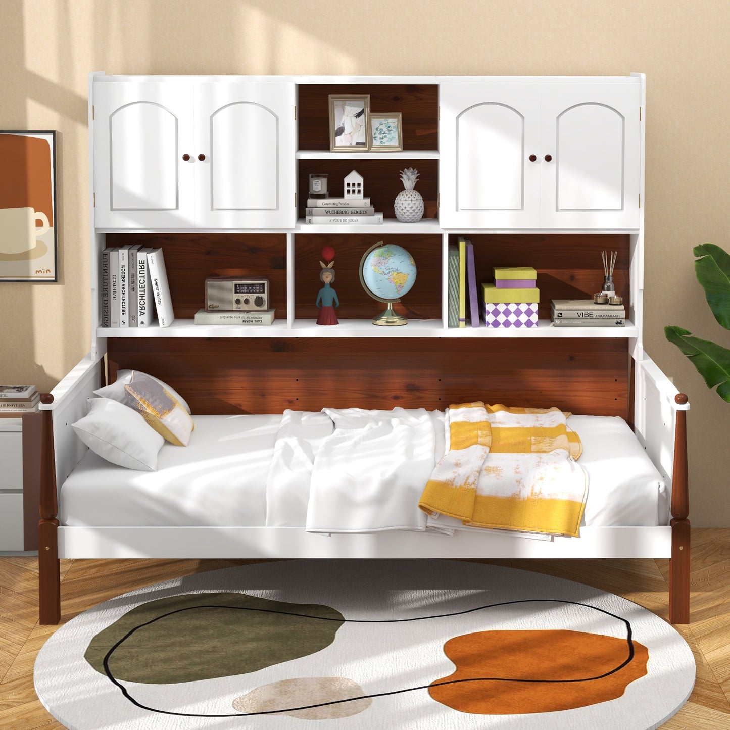 Twin Bed with Bookcase with Shelves and Wooden Slat Support No Box Spring Needed for Living Room Bedroom-White Kids Crystal