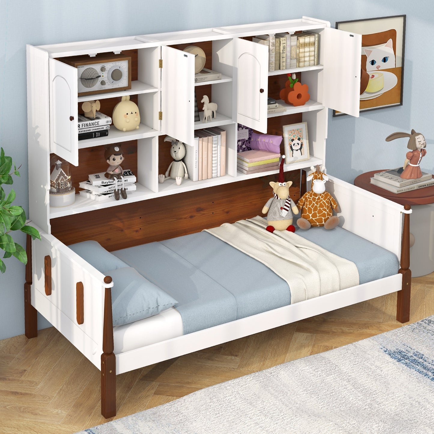 Twin Bed with Bookcase with Shelves and Wooden Slat Support No Box Spring Needed for Living Room Bedroom-White Kids Crystal