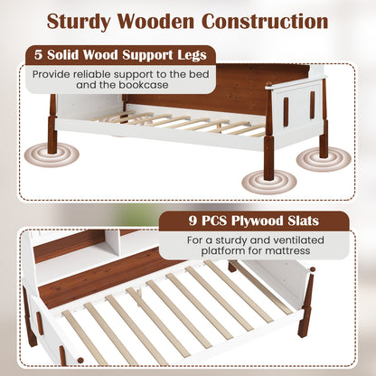 Twin Bed with Bookcase with Shelves and Wooden Slat Support No Box Spring Needed for Living Room Bedroom-White