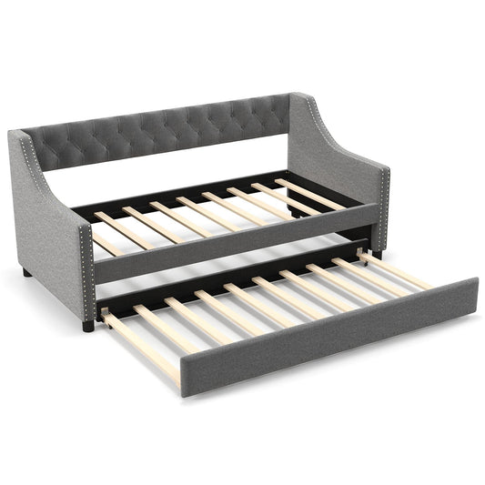 Twin Size Daybed with Trundle Sofa Bed with Curved Armrests and Backrest-Gray Kids Crystal