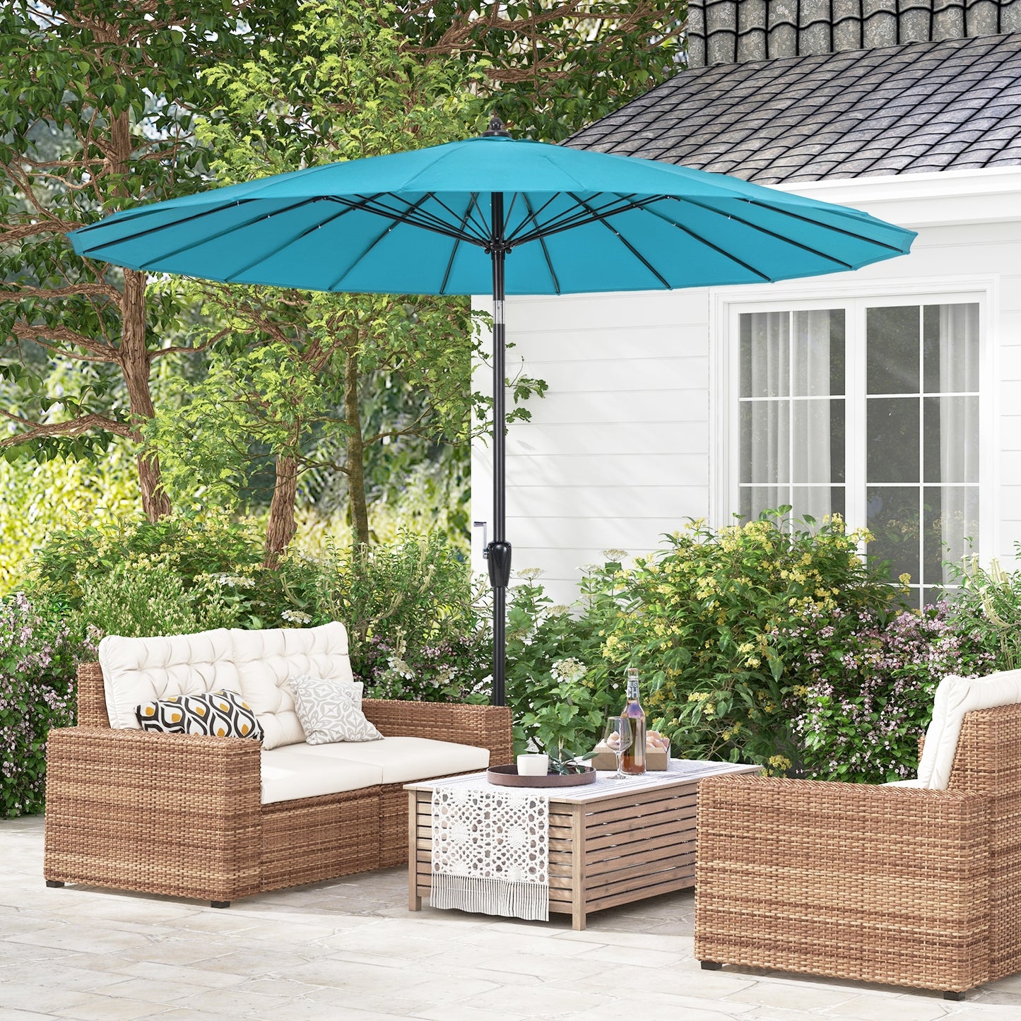 9 Feet Round Patio Umbrella with 18 Fiberglass Ribs-Turquoise Kids Crystal