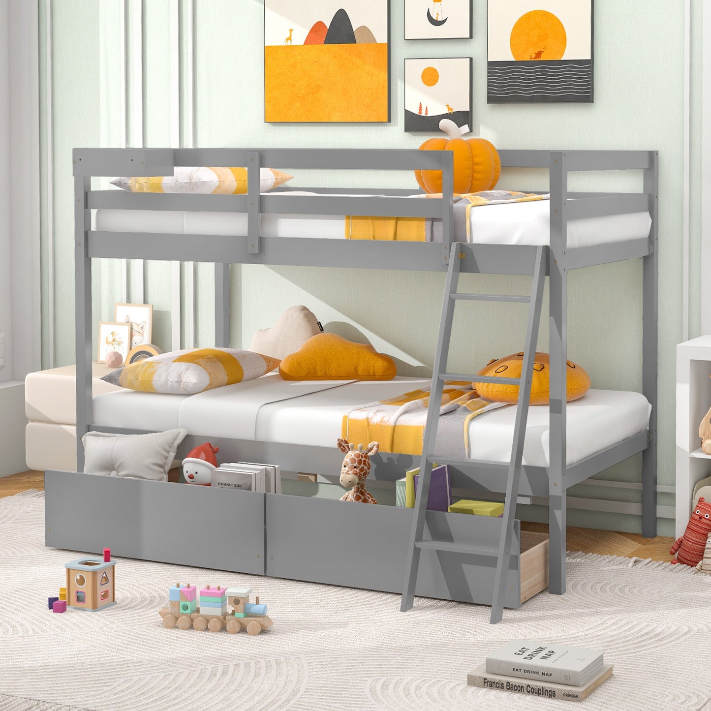 Twin Over Twin Bunk Bed Wood Bed Frame with 2 Storage Drawers and Ladder-Gray Kids Crystal