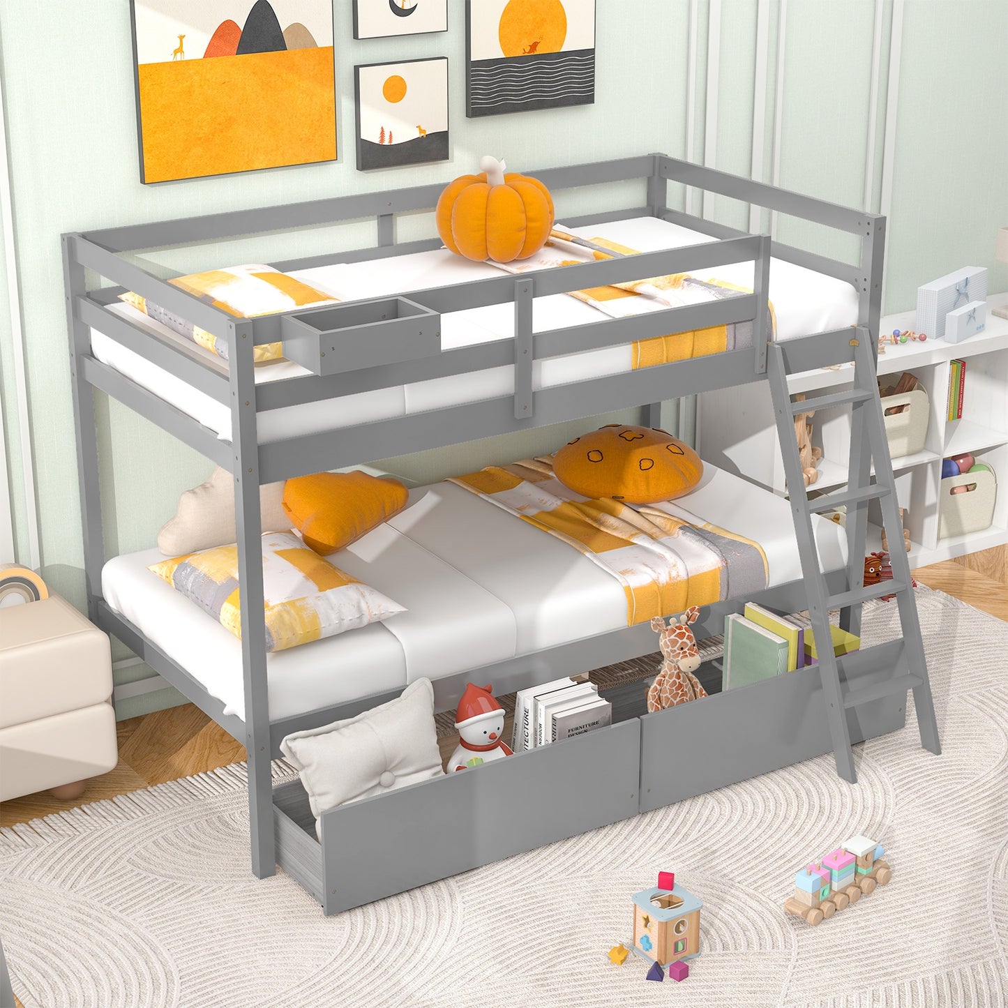 Twin Over Twin Bunk Bed Wood Bed Frame with 2 Storage Drawers and Ladder-Gray Kids Crystal