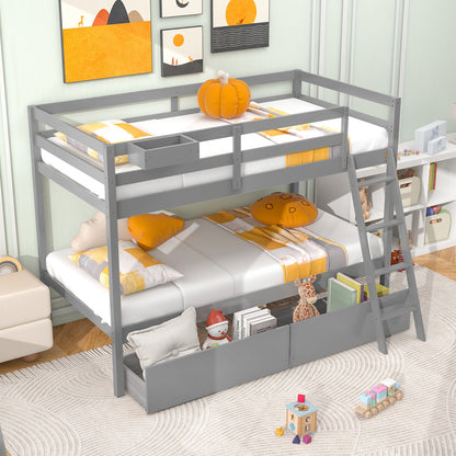 Twin Over Twin Bunk Bed Wood Bed Frame with 2 Storage Drawers and Ladder-Gray