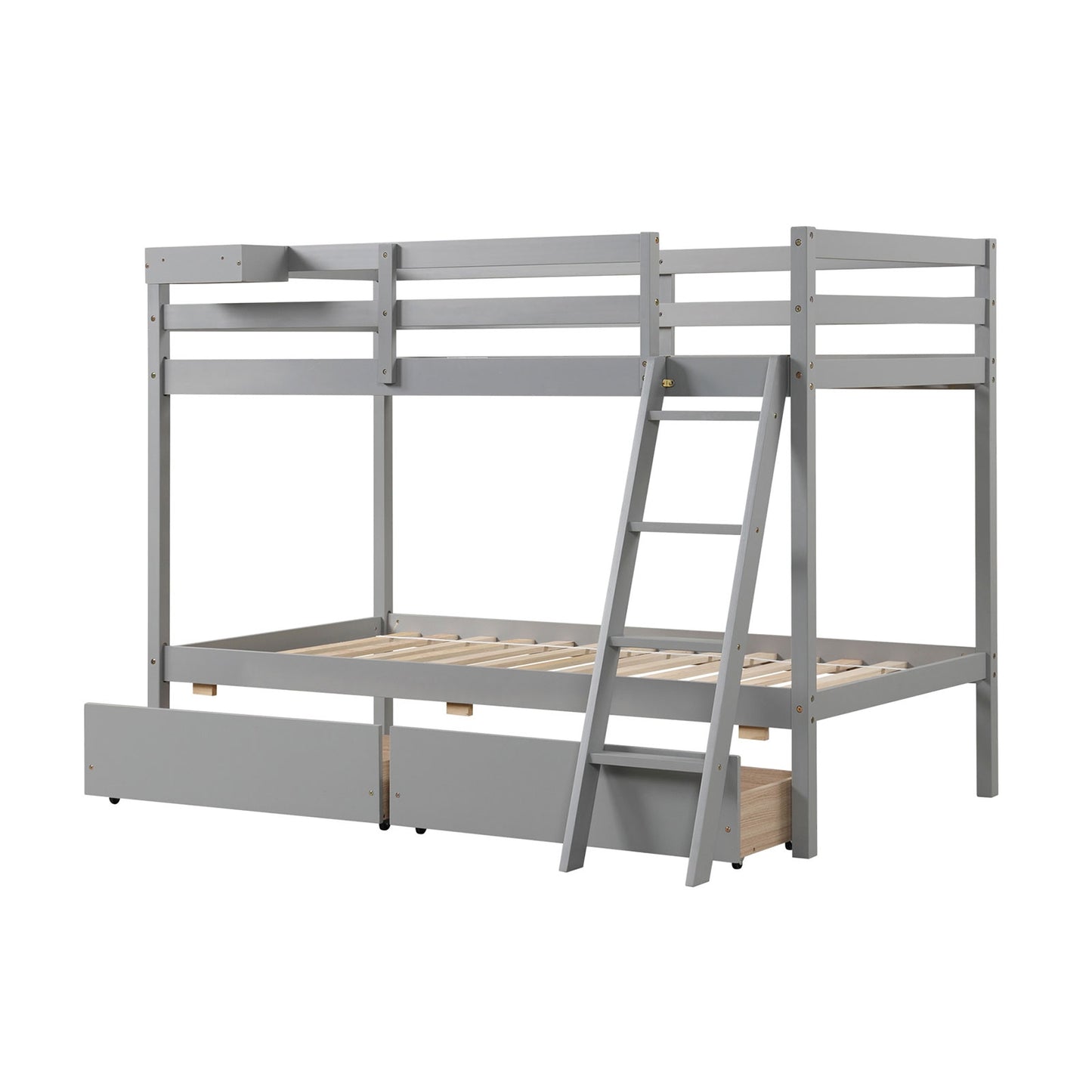 Twin Over Twin Bunk Bed Wood Bed Frame with 2 Storage Drawers and Ladder-Gray Kids Crystal