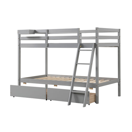 Twin Over Twin Bunk Bed Wood Bed Frame with 2 Storage Drawers and Ladder-Gray Kids Crystal
