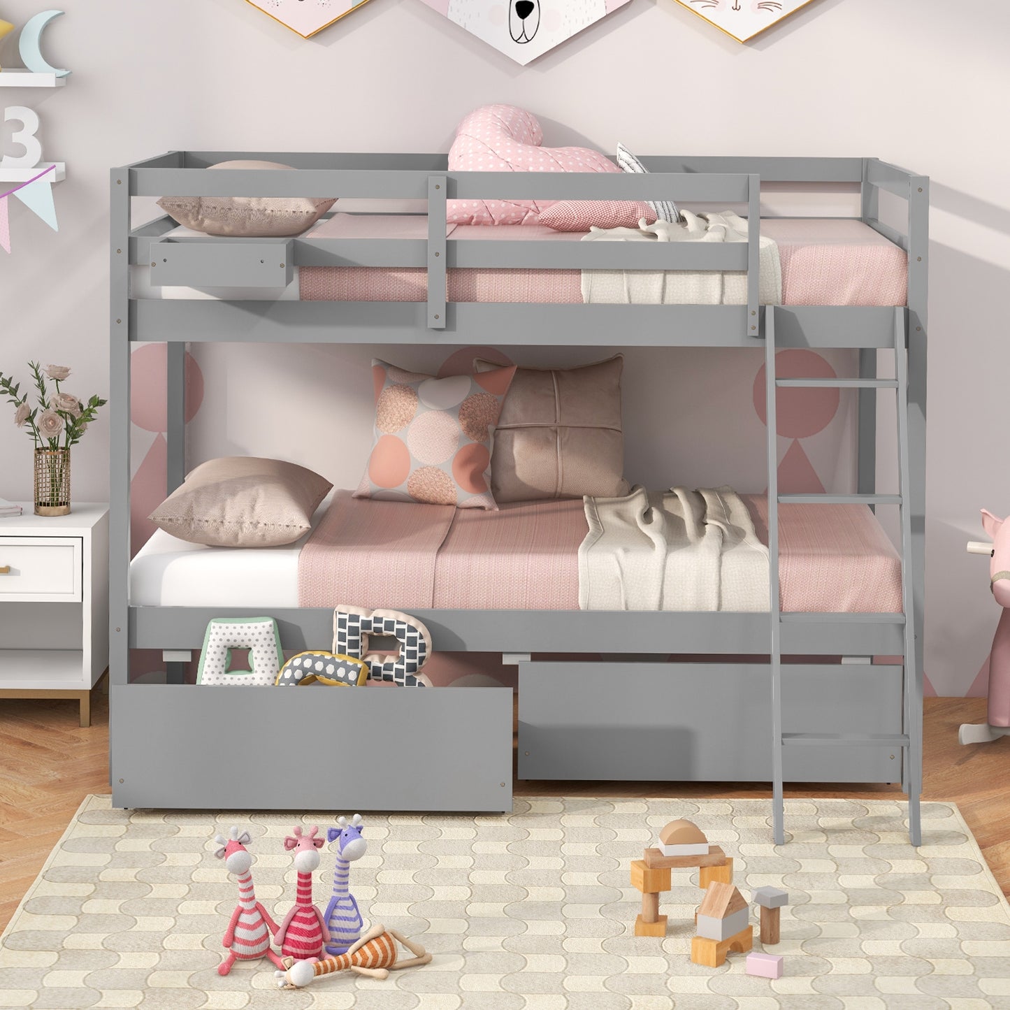 Twin Over Twin Bunk Bed Wood Bed Frame with 2 Storage Drawers and Ladder-Gray Kids Crystal