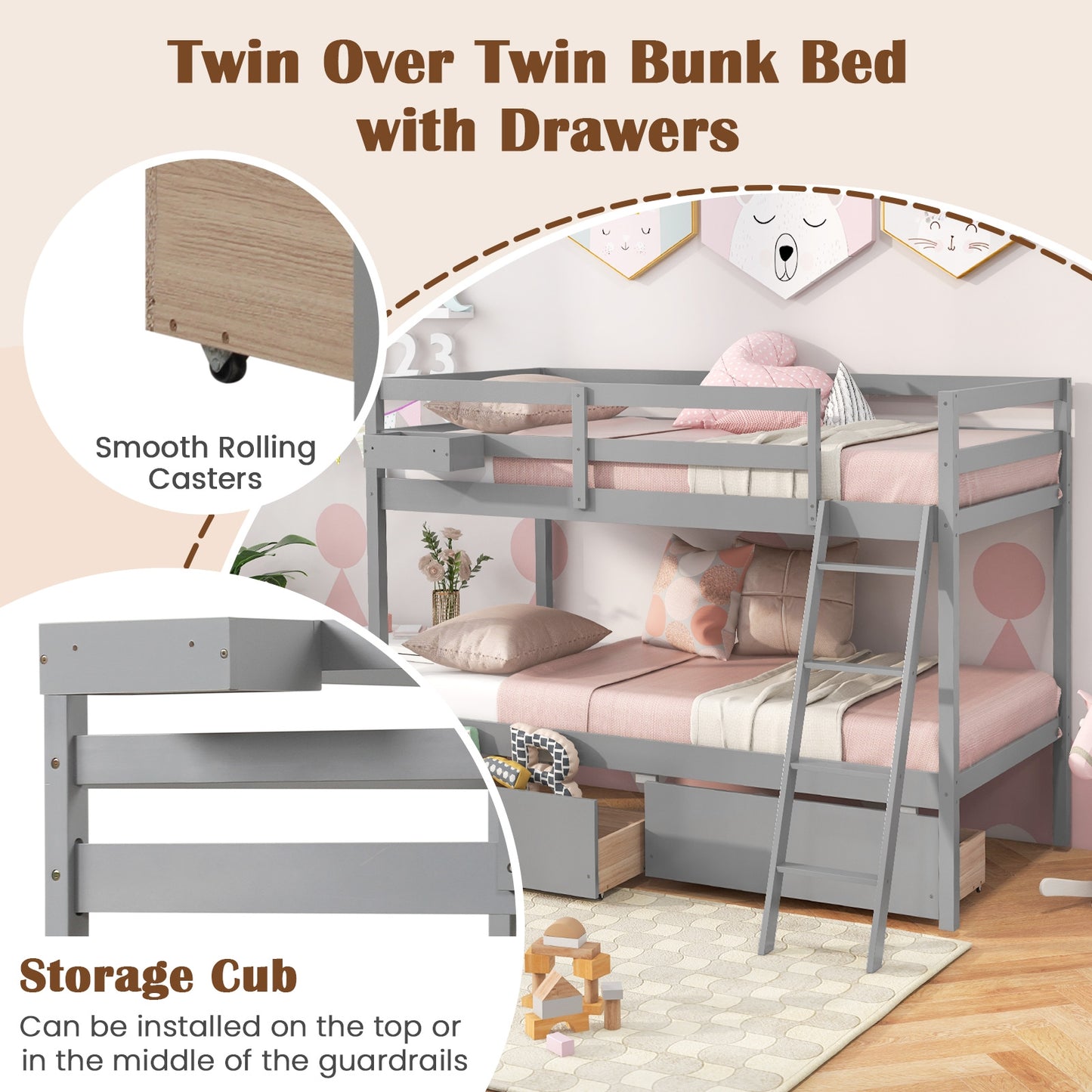 Twin Over Twin Bunk Bed Wood Bed Frame with 2 Storage Drawers and Ladder-Gray Kids Crystal