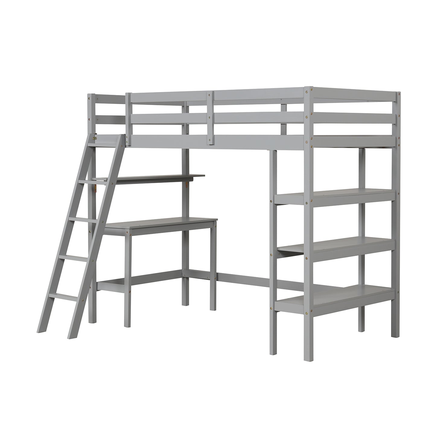 Twin Size Loft Bed with Desk and Bookshelves for Kids and Teens-Gray Kids Crystal